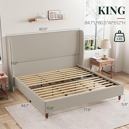 Jocisland King Upholstered Platform Bed Frame with 51.2" Tall Wingback Headboard–Solid Wood Legs, No Box Spring Needed, Brown Linen–Modern Style for Any Bedroom