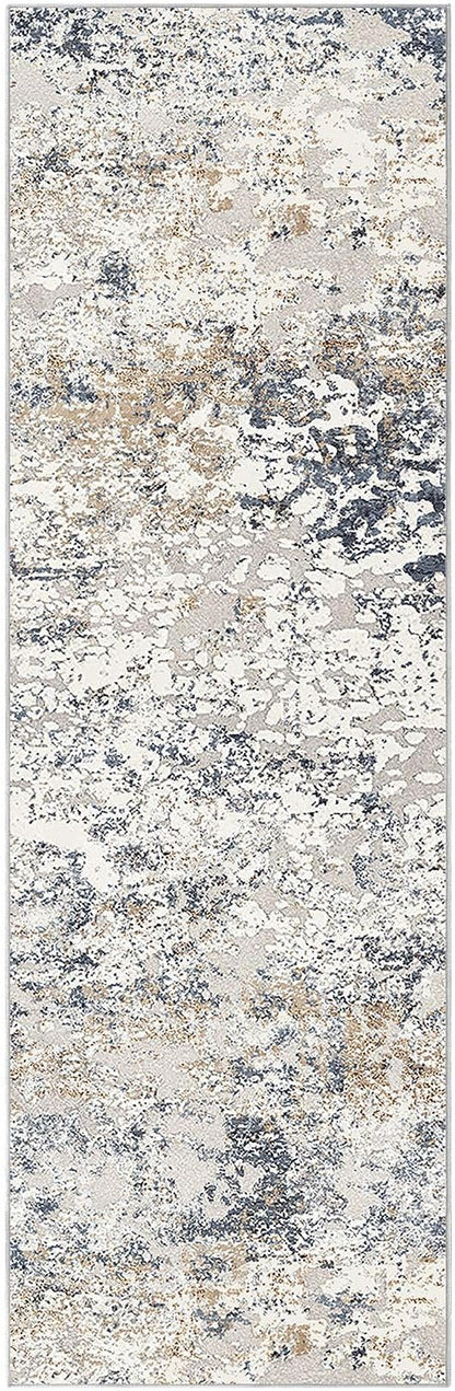 Washable Runner Rug for Hallway: 2.6x8 Neutral Modern Abstract Low Pile Area Rug with Non-Slip Backing - Carpet for Bedroom Kitchen Laundry Entryway Bathroom Indoor - Beige Blue