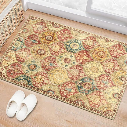 Lahome Moroccan Trellis Washable Rug, 2x3 Bathroom Rugs for Kitchen Entryway, Non-Slip Indoor Door Mat Ultra-Thin, Small Oriental Throw Carpet for Bedroom Entry, Red/Orange