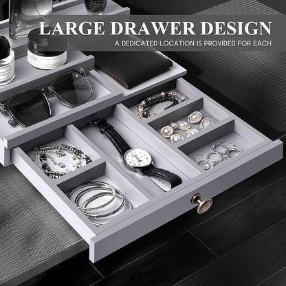 EOSAHR Modern Wooden Cologne Organizer for Men - 3 Tier Perfume Organizer with Storage Drawer and Hidden Compartment - Ideal Gift for your Boyfriend or Dad (Gray)