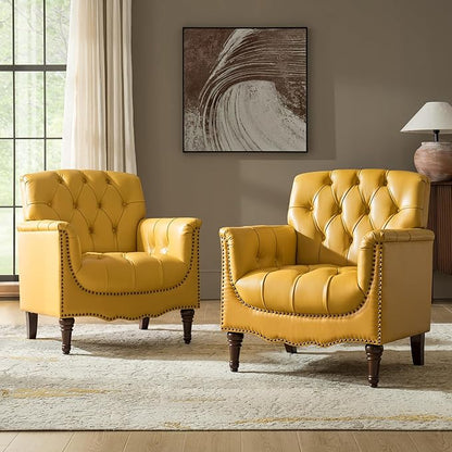 HULALA HOME Mid Century Modern Leather Club Chairs Set of 2, Top-Grain Genuine Leather Armchairs with Button-Tufted Back & Solid Wood Legs, Accent Chairs for Living Room/Bedroom/Home Office, Yellow