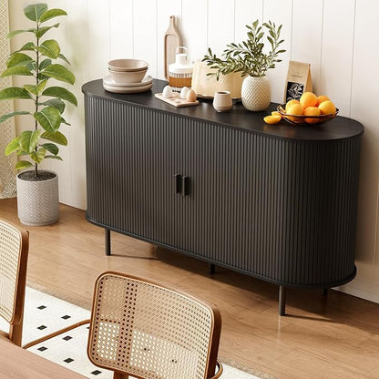 ONBRILL 55" Sideboard Buffet Cabinet with Storage, Storage Cabinet with Sliding Door & Adjustable Shelf, Modern Accent Coffee Bar Cabinet Console Table for Kitchen, Entryway, Black