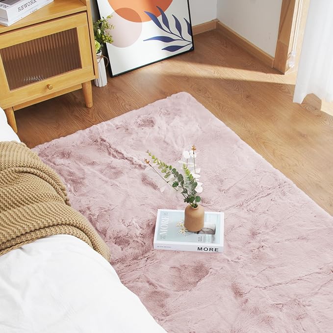 Latepis Soft Pink Round Rugs 6ft for Living Room Non-Slip Circle Faux Rabbit Fur Rug for Bedroom Washable Furry Rug for Nursery Floor Kids Room and Dorm