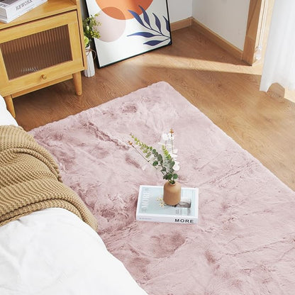 Latepis 6x9 Light Pink Faux Rabbit Fur Living Room Washable Furry Non-Slip Rugs for Bedroom Floor Shaggy Large Area Rug for Nursery Boho Rug