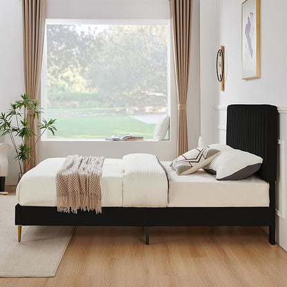 Twin Platform Bed Frame, Velvet Upholstered Bedframe with Vertical Channel Adjustable Headboard, Golden Plating Trim, Mattress Foundation with Wooden Slats, No Box Spring Needed, Black