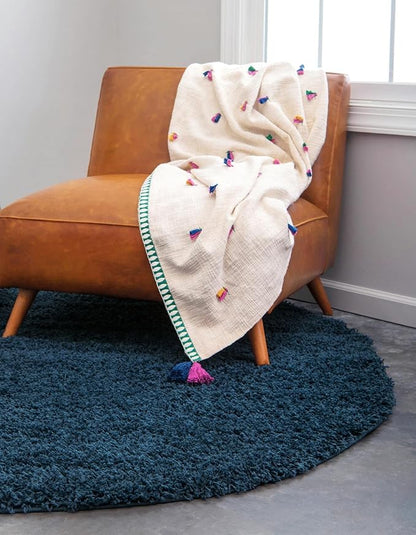 Unique Loom Solid Shag Collection Area Rug (5' 1" Round, Sapphire Blue/ Navy Blue)
