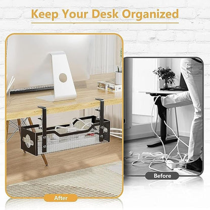 Under Desk Cable Management Tray 15.95", Quszmd Cable Organizer No Drill, Standing Cord Organizer and Wire Management Tray - No Damage to Desk, Black
