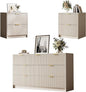 3-Piece Dresser Bedroom Set, 7 Drawer Dresser & 2 Drawer Nightstands with Gold Handles, Fluted Wood Chest of Drawers for Bedroom, Living Room, Entryway, Beige
