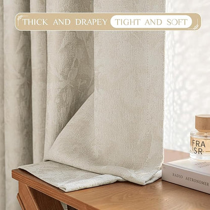 Beauoop Beige Floral Jacquard Blackout Curtains 72 Inches Long 2 Panels for Bedroom Living Room Chenille Flower Room Darkening Thermal Insulated Soundproof Rod Pocket Back Tab Window Drapes 52x72
