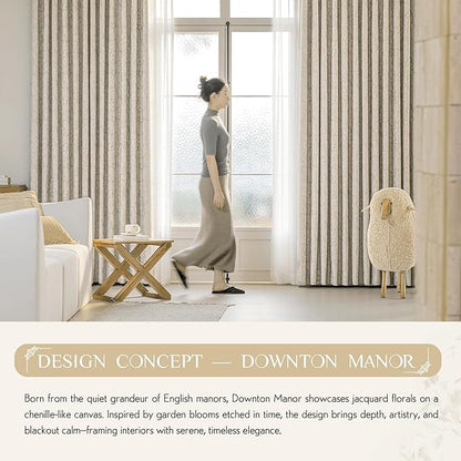 Beauoop Beige Floral Jacquard Blackout Curtains 84 Inches Long for Patio Sliding Door Extra Wide Chenille Flower Divider Room Darkening Thermal Soundproof Grommet Window Drapes, 100x84 Set of 1
