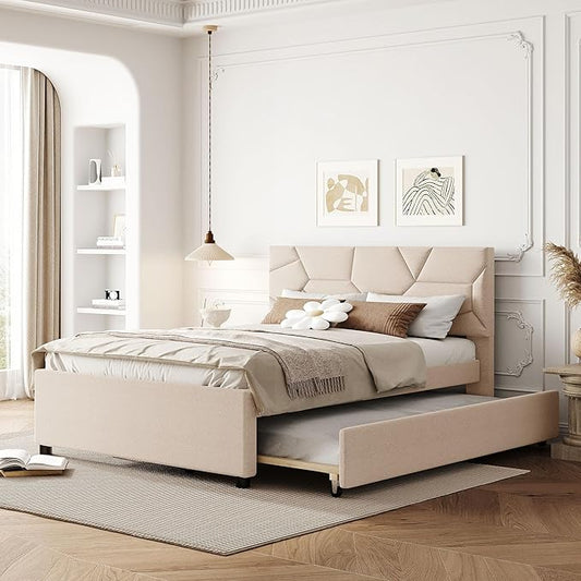 Full Size Upholstered Platform Bed with Twin Size Trundle, Headboard w/Brick Pattern, Wood Slat Support Included, for Boys Girls Kids Teens Adult,Beige