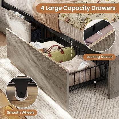 VIAGDO Farmhouse Bed Frame King Size with Bookcase Storage Headboard, Charging Station and LED Lights, Wooden King Bed Frame with 4 Drawers, Barn Door Design, No Box Spring Needed, No Noise, Grey