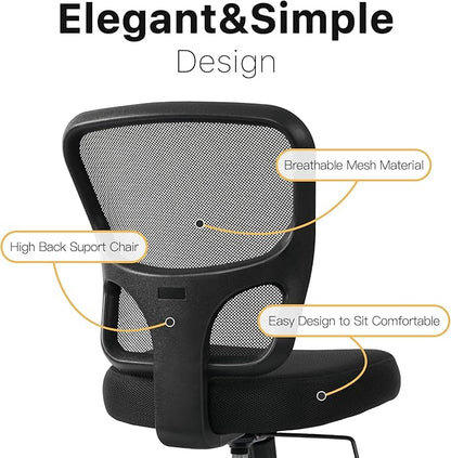 Armless Desk Chair - Height Adjustable, Ergonomic High Back Task Swivel With Wheels, Rolling Office Stool for Small Spaces, Home, Bedroom, Study - Black