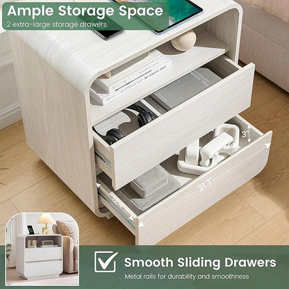 White Nightstand Set of 2 with Charging Station, 23.2" Wide Wood Bedside Table, Modern Night Stand with 2 Storage Drawers, Curved Profile, Handleless End Table for Bedroom Office Dorm