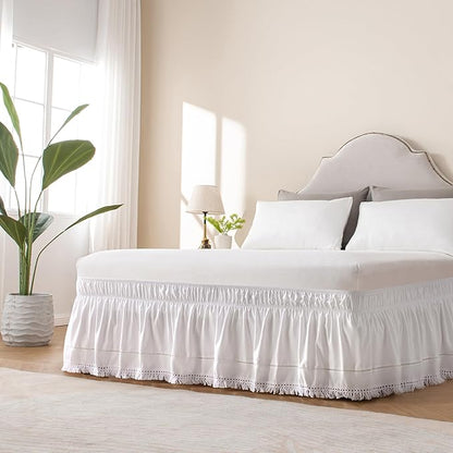 MIYE Wrap Around Ruffled Lace Bed Skirt, Elastic Dust Ruffle with Adjustable Belts, Easy to Put On, Bed Frame Cover, Machine Washable (Tassel Ruffle/White, King/Queen-12.5" Drop)