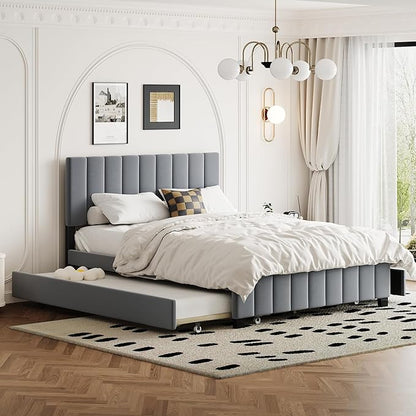 Queen Bed Frame with Trundle Bed,Velvet Upholstered Platform Bed Frame with Storage Drawers,Queen Size Trundle Bed with Headboard for Kids Teens Adults,Gray