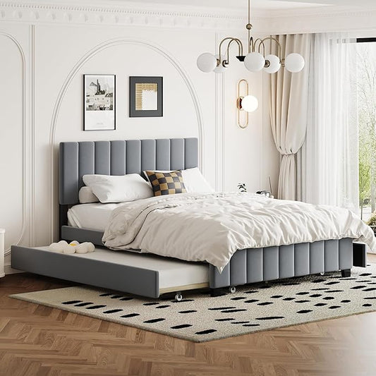 Queen Bed Frame with Trundle Bed,Velvet Upholstered Platform Bed Frame with Storage Drawers,Queen Size Trundle Bed with Headboard for Kids Teens Adults,Gray