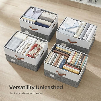 PRANDOM Storage Bins with Lids [3-Pack] Linen Fabric Foldable Storage Boxes Organizer Containers Baskets Cube with Cover Grey&White (23.4X15.9X11.4)