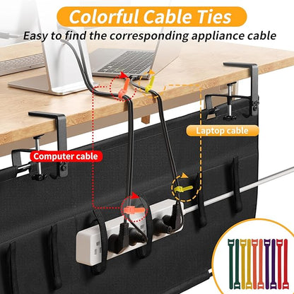 No Drill Under Desk Cable Management Tray, 36" Cord Organizer with Clamp, Fabric Cable Management for Standing Desks, Ideal for Home & Office - Black