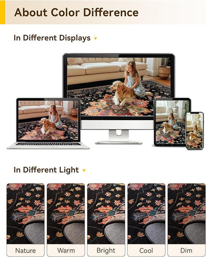 Area Rugs 8'x10' Washable Non-Slip, Floral Vintage Distress Print Pattern Medallion Carpet for Living Room Bedroom Dining Room, Black Colorful Floral Dark Tan