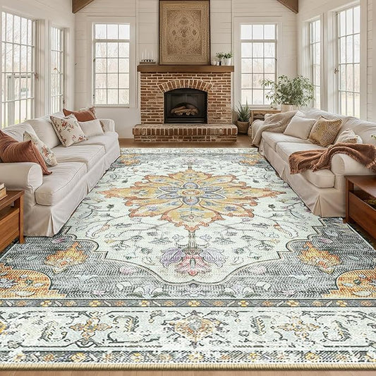 Area Rugs 10'x14' Washable Non-Slip, Floral Vintage Distress Print Pattern Medallion Carpet for Living Room Bedroom Dining Room, Light Yellow Carbon Grey Orange