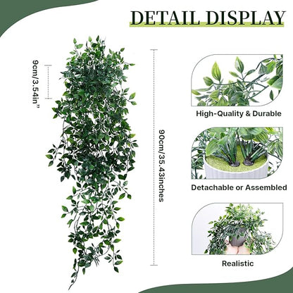 Artificial Hanging Plants for Shelf, 2-Pack Fake Potted Greenery Faux Mandala Vines in Black Pot, Décor for Office Living Room Bathroom Indoor Outdoor