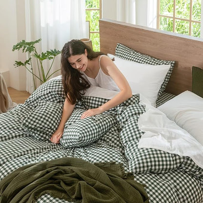 MooMee Gingham Duvet Cover Set 100% Washed Cotton Linen Like Textured Breathable Durable Soft Comfy Modern Checkered Design (Forest Green Gingham, Palatial King/Oversized King 120"x98")