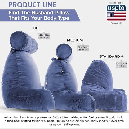 Husband Pillow XXL - Reading Pillow Bed Chair with Arms & Back Support - Dark Blue - Back Pillow for Beds Sitting Up - Bed Rest Arm Pillow - Comfy Reading Pillow for Adults