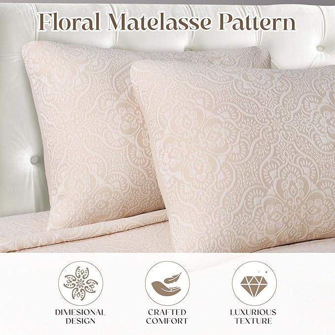 Superior 3 Piece Bedspread Set, Home Bed Decor, Decorative Bed Spread, 2 Pillow Shams, Medium Weight Blanket, Floral Matelasse Coverlet, Bedding Essentials, Enzy Collection, Full, Ivory