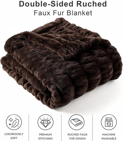 BATTILO HOME Dark Brown Faux Fur Throw Blanket for Couch, Double Side Reversible Ruched Rabbit Fur Blanket for Couch, Bed, Sofa, Soft Warm Mink Cozy Blanket, 50x60 Inch