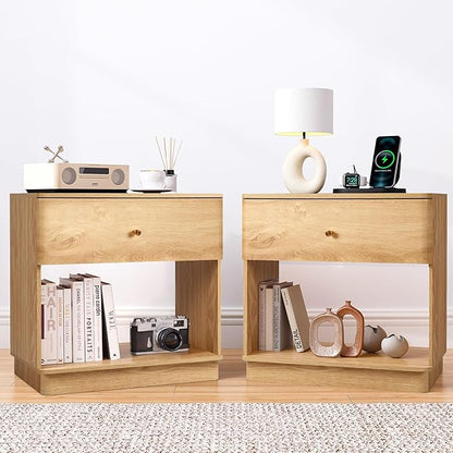 Narrow Nightstand Set of 2, Wooden Small 2 Drawer Nightstand, Slim Side End Table, Skinny Bedside Table, Mid Century Modern Night Stand with Drawers, for Living Room (Natural-Charging Station-2 pcs)