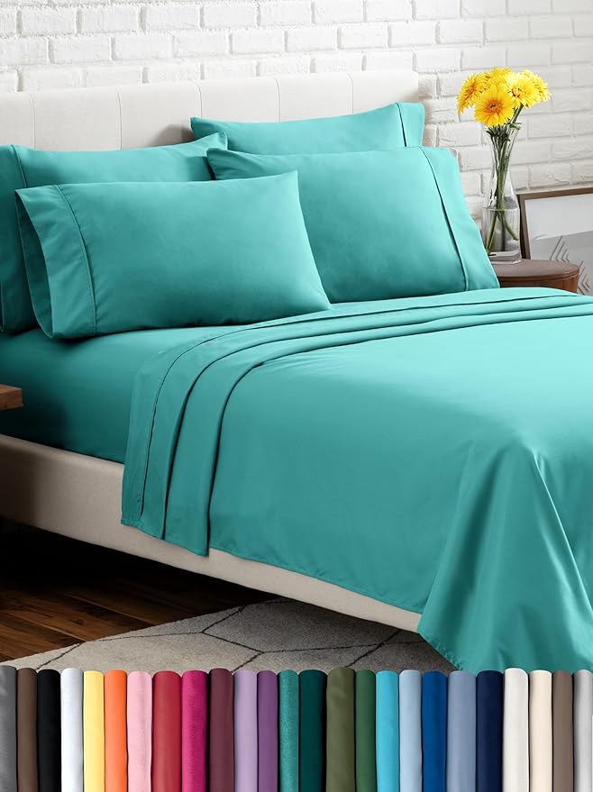 Bare Home Hotel Luxury Queen Sheet Set, Extra Soft - 6 Piece Set - Deep Pockets - Easy Fit - Cooling & Breathable - Wrinkle, Fade, Stain Resistant - Includes 4 Pillowcases (Queen, Turquoise)