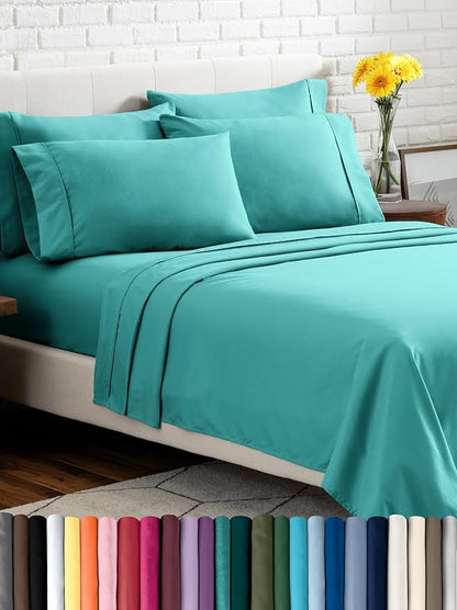 Bare Home Hotel Luxury Queen Sheet Set, Extra Soft - 6 Piece Set - Deep Pockets - Easy Fit - Cooling & Breathable - Wrinkle, Fade, Stain Resistant - Includes 4 Pillowcases (Queen, Turquoise)