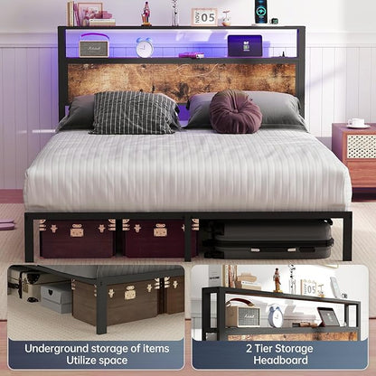 Queen Size Bed Frame with 2-Tier Storage Headboard with Charging Station and 12 Color LED Lights,2 Tier Solid Wood Headboard Storage,Noise Free, No Box Spring Needed/Remote Control/Vintage Brown
