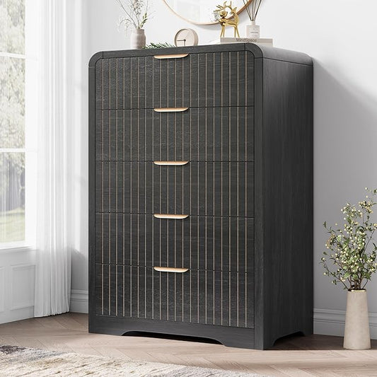 Fluted 5 Drawer Dresser for Bedroom, 43" Tall Dressers & Chests of Drawers Curved Profile Design, Wood Mid Century Vertical Dresser Natural Texture for Bedroom, Black Dresser