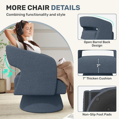 Swivel Accent Chair Set of 2, Modern Comfy Teddy Barrel Chairs, Oversized Upholstered Round Arm Chair for Living Room, Bedroom, Reading Room, Blue