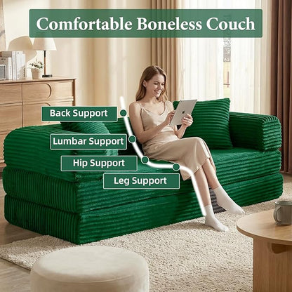Convertible Futon Sofa Bed, Fold Out Floor Sofa Couch with Sleeper Sofa,Folding Boneless Couches with Deep Seat,Cloud Corduroy Foldable Mattress Couch for Living Room (Green)