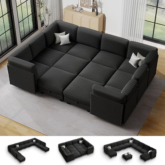 Modular Sectional Sofa with Adjustable Backrest, Large Convertible L/U-Shaped Sleeper Couch for Living Room, Cloud Sofa Bed Modern Reversible Design, Black
