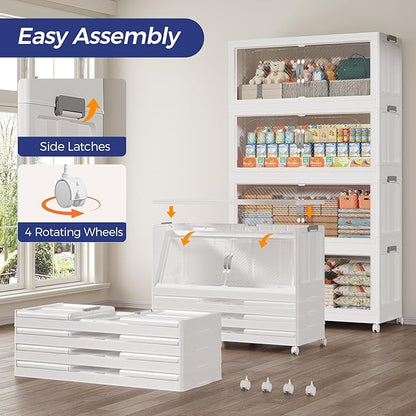 640QT Plastic Stackable Storage Bins with Lid, 160GAL Extra Large Collapsible Box with Wheels Clear Door, Foldable Closet Organizer Container Cabinet Drawer for Home Kitchen，4Pack, White