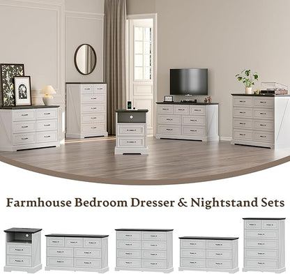 Farmhouse 6 Drawers Dresser for Bedroom, 43" Tall Modern Chest of Drawers with Deep Drawers & Bar Handles, Rustic Wood Dresser TV Stand, Wooden Closet Storage Organizer for Living Room, Hallway, White