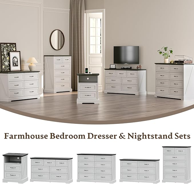 Farmhouse 8 Drawers Dresser for Bedroom, 48" Wide Wood Chest of Drawers with Deep Drawers & Bar Handles, Modern Dresser TV Stand, Rustic Wooden Closet Storage Organizer for Living Room, Hallway, White