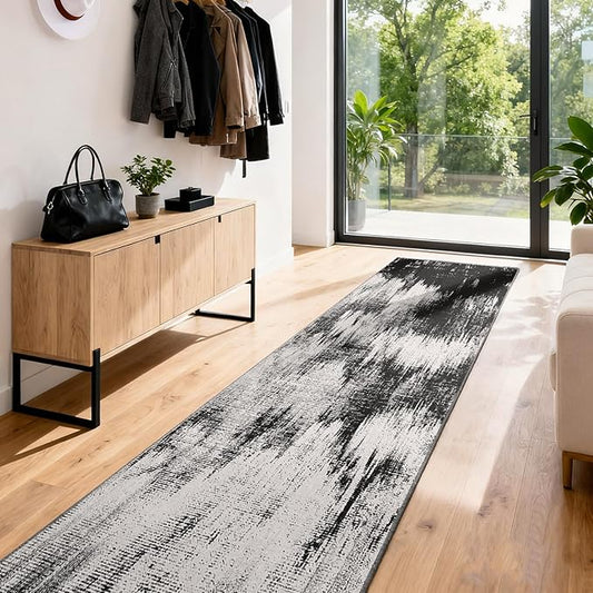 3x12 Long Hallway Runner Rug: Kitchen Rugs Non Slip Washable Low Pile Abstract Rug Runner with Rubber Backing Indoor Carpet Runners for Bedroom Dining Living Room Bathroom Black White