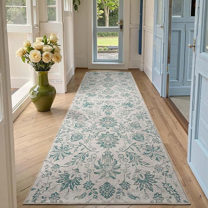 jinchan Torino Runner Rugs 3x8 Vintage-Inspired Floral Design Machine Washable Non-Slip Ultra-Thin Low Pile Rubber Backing Traditional Rug for Kitchen Hallway Laundry Room Entryway