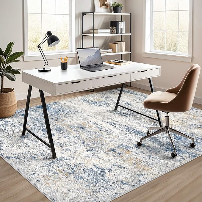 Area Rug Living Room Rugs - 7x9 Abstract Large Soft Indoor Washable Rug Neutral Modern Low Pile Carpet for Bedroom Dining Room Farmhouse Home Office - Blue