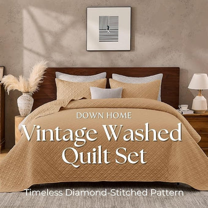 King Quilt Set with Shams Lightweight Quilted Bedspread Coverlet Thin Comforter Bed Cover Vintage Washed Quilted Blanket for All Season, Brushed Microfiber Diamond Stitching, Brown, 104"x92"