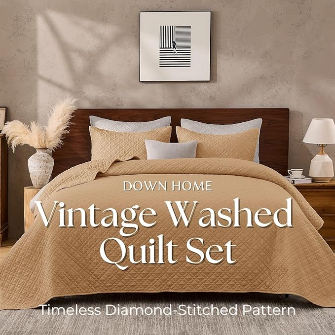Queen Quilt Set with Shams Lightweight Quilted Bedspread Coverlet Thin Comforter Bed Cover Vintage Washed Quilted Blanket for All Season, Brushed Microfiber Diamond Stitching, Brown, 88"x92"