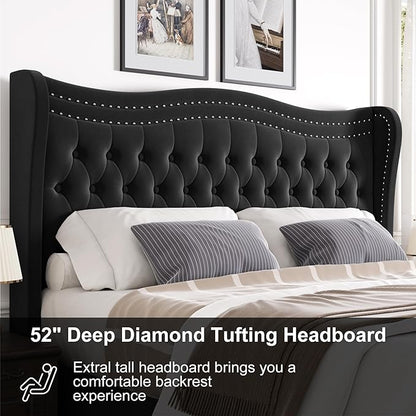 King Bed Frame with Tall Headboard & Footboard, Velvet Upholstered Platform Bed Frame with Deep Button Tufted Wingback, No Box Spring Needed, Noise Free, Black