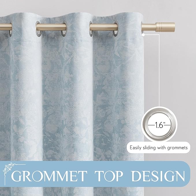 Beauoop Blue Floral Jacquard Blackout Curtains 84 Inches Long for Patio Sliding Door Extra Wide Chenille Flower Divider Room Darkening Thermal Soundproof Grommet Window Drapes, 100x84 Set of 1