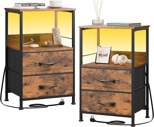WLIVE Night Stand Set of 2 with Charging Station, LED Nightstand Sets with 2 Fabric Drawers and Storage Shelf, Small Bedside Tables for Small Spaces, Dresser for Bedroom, Rustic Brown