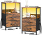 WLIVE Night Stand Set of 2 with Charging Station, LED Nightstand Sets with 2 Fabric Drawers and Storage Shelf, Small Bedside Tables for Small Spaces, Dresser for Bedroom, Rustic Brown
